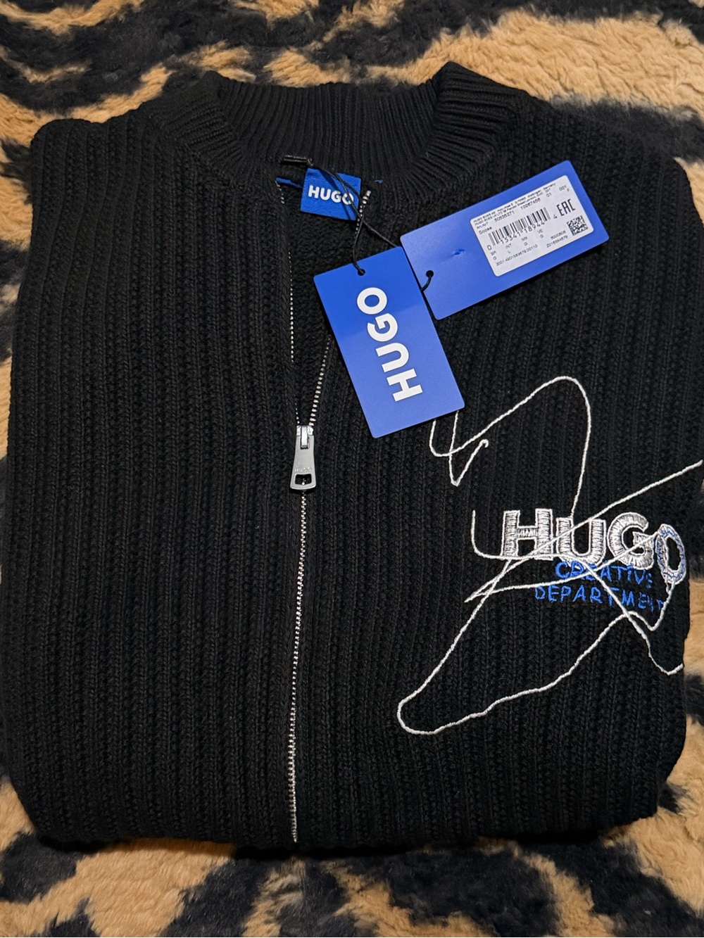 HUGO Men's Black Rib-Knit Full Zip Mock Neck Embroidered Logo Sweater